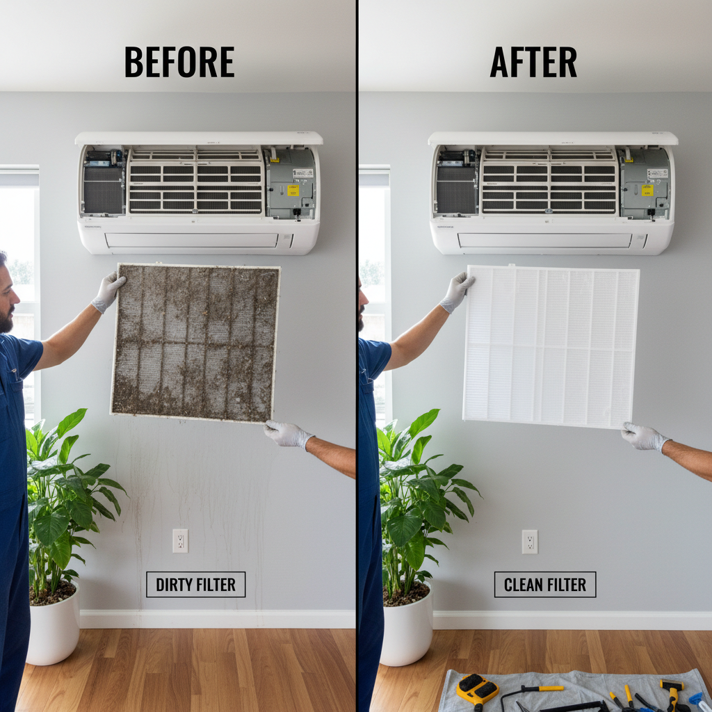 Mini split siendo limpiado profesionalmente